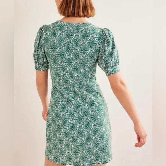 Boden 100% Cotton V Neck Puff Sleeve Abstract Green White Mini Short Dress - Picture 10 of 13